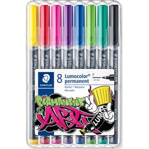 STAEDTLER Lumocolor permanente markers, veegbestendig en waterdicht op bijna alle oppervlakken, droogt in seconden, lijnbreedte F ca. 0,6 mm, 8 markers in een staande doos, 318 WP8-1