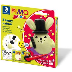 STAEDTLER 8035 FIMO boetseerkleiblokken voor kinderen, grappig konijn, 2 stuks FIMO blokken voor kinderen, stickers en modelleergereedschap