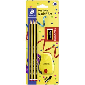 STAEDTLER 120 SBK3P2 Noris limited edition Happy Birthday pack van 3 Noris grafiet HB potloden, Noris gum en Noris badslijper