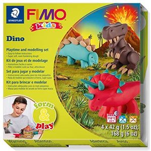 STAEDTLER - Fimo Kids Form&Play - Set ""De dinosaurussen"" - 4 verschillende boetseerklei 42 g + 1 modelleergereedschap + 1 decor + gedetailleerde handleiding - 8034 07 LY