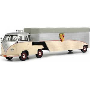 Schuco VW T1 Continental Motors, VW T1-trekker met oplegger, hars, 1:18, modelauto, zilver-beige, gelimiteerde oplage