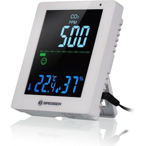 Bresser CO2 Smile Luchtkwaliteitsmonitor, luchtmeter en weergave van vochtigheid en temperatuur, ventilatie-aanbevelingen, wit