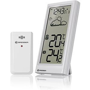 Bresser Draadloos weerstation met buitensensor Meteo Temp, thermometer met temperatuurweergave voor binnen en buiten, weersvoorspelling, met uitklapbare voet en wandhouder, wit