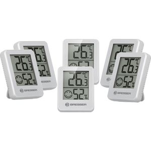 Bresser Set van 6 thermometers, hygrometer, digitale kamerthermometer voor controle, binnenruimte, luchtvochtigheid, koelkast, wandmontage en magneet, schimmelpreventie, indicator smiley, wit