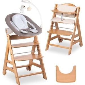 Hauck Hoge stoel Beta+ Newborn Set Deluxe - babystoel set vanaf de geboorte met pasgeborenen opzetstuk bouncer, zitkussen en eetplank - natuurlijk zand
