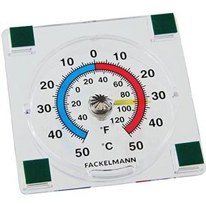 Fackelmann TECNO Vensterthermometer, analoge buitenthermometer, zelfklevende thermometer met temperatuurweergave /+50 °C (kleur: transparant), hoeveelheid: 1 stuk, 7,7 x 7,7 x 2 cm