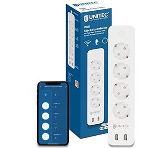 UNITEC Wifi-stekkerdoos, 4 + 2, energiekosten-meting, wifi-smart stopcontacten met timer, spraakbesturing en app, met 2 USB-uitgangen