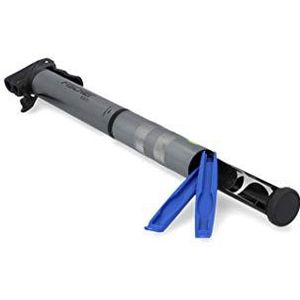 FISCHER Mini-luchtpomp met geïntegreerde bandenreparatieset, luchtpomp voor alle ventielen (AV, DV, SV), dubbele kop van aluminium, extreem compact