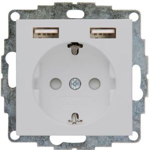 Kopp Athenis 296234082 Stekkerdoos, enkelvoudig met 2 x USB-oplaadaansluitingen, 16 A, 250 V~, uitgangsstroom van de laadbussen max. 2400mA/5V, IP20, grijs, mat oppervlak