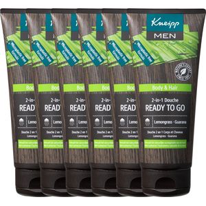 Kneipp Men - 2-in-1 Douchegel Shampoo - Ready to Go - Met citroengras en guarana - Vegan - Grootverpakking - Voordeelverpakking - 6 x 200 ml