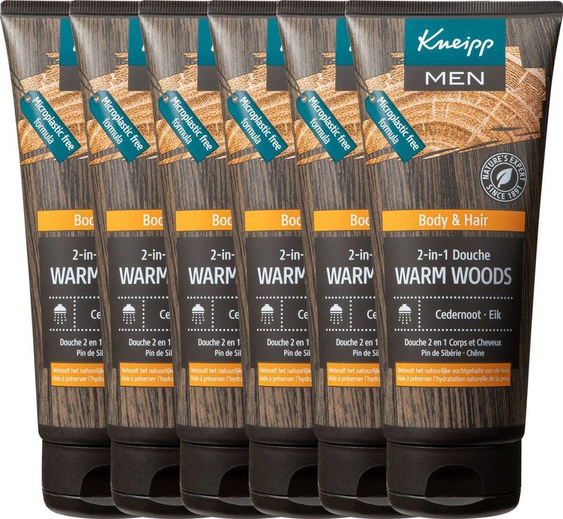 Kneipp Men - 2-in-1 Douchegel Shampoo - Warm Woods - Grootverpakking - Voordeelverpakking - 6 x 200 ml