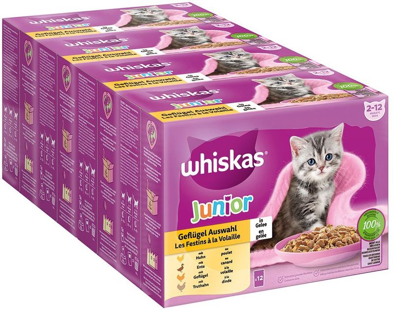 28% korting! Gemengd Pakket Whiskas Junior Maaltijdzakjes 12 x 85 g - Junior Maaltijdzakjes Gevogelte-selectie in gelei (12 x 85g)