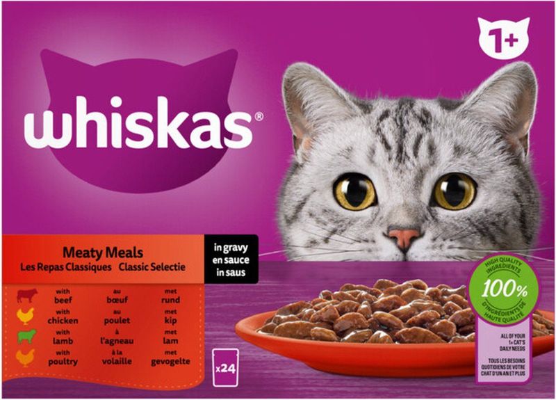 2x Whiskas 1+ Classic Selectie in Saus Maaltijdzakjes Multipack 24 x 85 gr