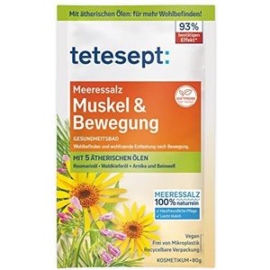 tetesept Zeezout, spier en beweging, gezondheidsbad voor ontlasting na beweging, met 5 etherische oliën, weldadig badadditief met natuurlijk zeezout, 1 x 80 g