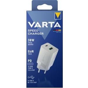 VARTA Oplader, 38 W oplaadadapter, gelijktijdig opladen van 2 apparaten, Speed Charger, oplaadaansluiting voor laptops, smartphones, ultralicht en compact, voeding met 2