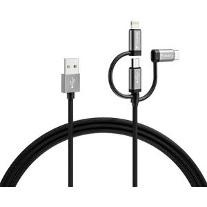 Varta 3-in-1 Speed Charge & Sync Kabel (USB A op Micro USB, USB Type C, Lightning), MFI, Strom- en data-overdracht, 2 m, Zwart, Nylon