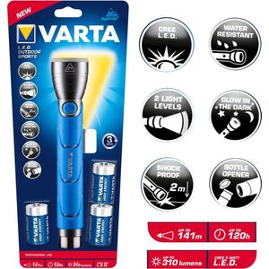 VARTA Outdoor Sports F30 5W LED-zaklamp met 3 High Energy C batterijen met fosforescerende rubberen ring op de lampkop en waterdichte IPX4-behuizing