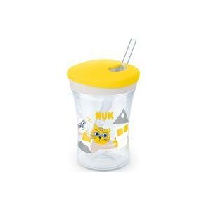 NUK Enfent Action Cup 12+ maanden, zacht rietje met schroefdeksel, anti-bescherming, BPA-vrij, 230 ml, kat (geel) 10255601