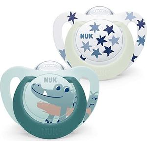 NUK Star Babyfopspeen | 6-18 maanden | Day & Night fopspeen | BPA-vrije siliconen | Green Crocodile | 2-delig