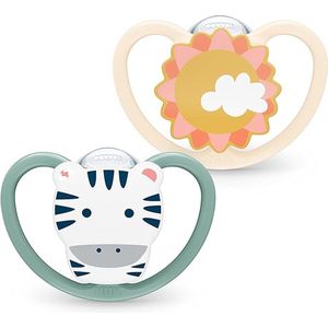 NUK Space Babyfopspeen in set van 2, 6-18 maanden, met extra openingen voor de gevoelige huid, BPA-vrije siliconen, zebra