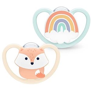 NUK Space Fopspeen voor baby's van 0-6 maanden, fopspeen met extra openingen voor de gevoelige huid, BPA-vrije siliconen, vos, 2 stuks