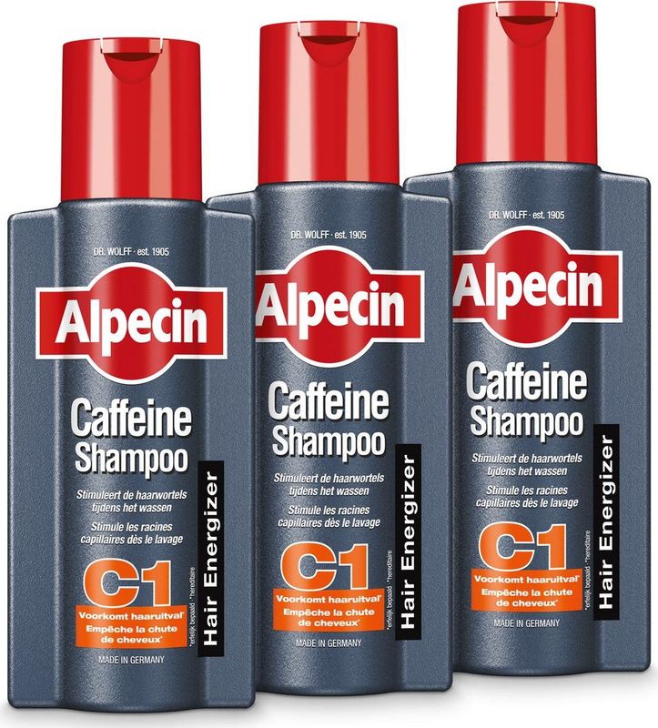 Alpecin Cafeïne Shampoo C1 3x 250ml | Voorkomt en Vermindert Haaruitval | Natuurlijke Haargroei Shampoo voor Mannen