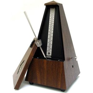 Wittner Metronome Taktell piramidevorm Maelzel serie 855 kunststof behuizing met bel walnootkorrel mechanisch opwindmechanisme geen batterijen nodig Made in Germany