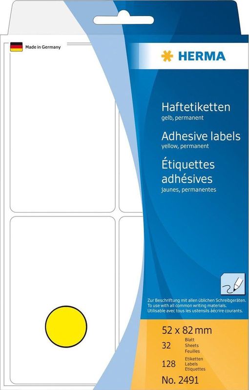 Herma 2491 universele etiketten, 52 x 82 mm, 128 stuks, geel