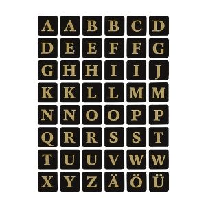 Buchstaben 13x13mm A-Z selbstklebend Folie gold gepr&#228;gt auf schwarz VE=2 Blatt