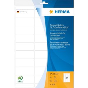 HERMA 4430 adreslabels voor Schrijfmachines A4 (67 x 30 mm, 20 velles, papier, mat, afgeronde hoeken) zelfklevend, bedrukbaar, permanente klevende etiketten, 540 etiketten voor printer, wit