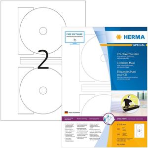 HERMA 4460 CD/DVD etiketten incl. positioneringshulp A4 dekkend (Ø 116 mm MAXI, 100 vellen, papier, mat) zelfklevend, bedrukbaar, permanente klevende CD stickers, 200 etiketten voor printer, wit