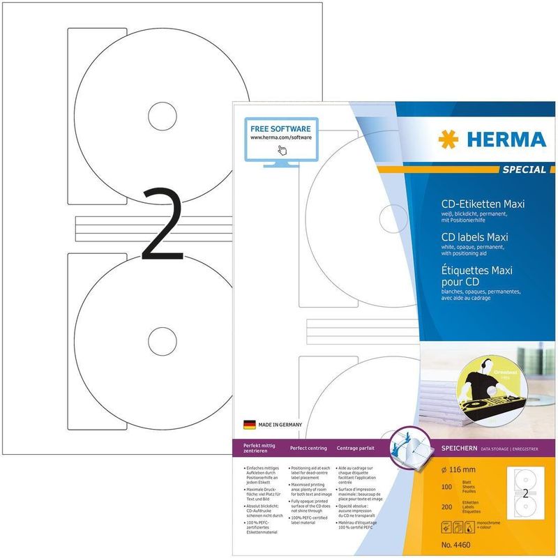 HERMA 4460 CD/DVD Etiketten - A4 - Dekkend - Wit - 200 Stuks - Papier