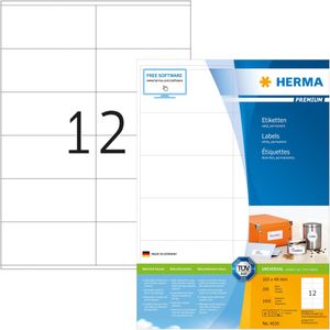 HERMA 4635 Universele etiketten, 200 vellen, 105 x 48 mm, 12 DIN A4-vellen, 2400 stickers, zelfklevend, bedrukbaar, blanco papier voor laser/inkjetprinters, wit