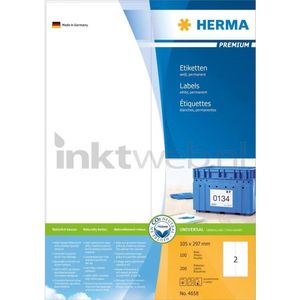 HERMA 4658 universele etiketten A4 groot (105 x 297 mm, 100 velle, papier, mat) zelfklevend, bedrukbaar, permanente klevende adreslabels, 200 etiketten voor printer, wit