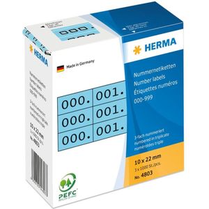 HERMA 4803 nummerlabels cijfers 0-999, drievoudig (22 x 10 mm, papier, mat) zelfklevend, permanent hechtend, doorlopende cijferetiketten in kartonnen doos, 3.000 etiketten, blauw