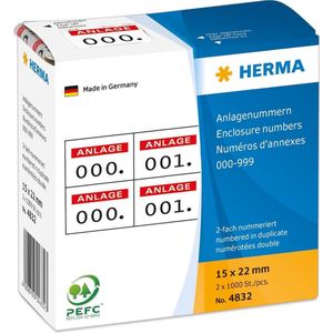 HERMA 4832 cijferlabels cijfers 0-999, dubbel (22 x 15 mm, papier, mat) zelfklevend, permanent klevend, doorlopende systeemnummers in kartons dispenser, 2.000 etiketten, rood