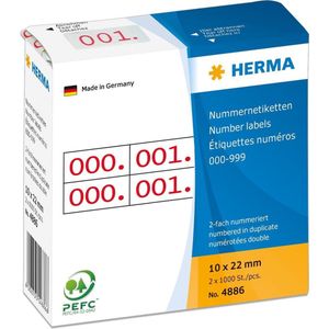 HERMA 4886 Nummerlabels - Cijfers 0-999 - 2000 Stuks - Zelfklevend - Wit/Rood