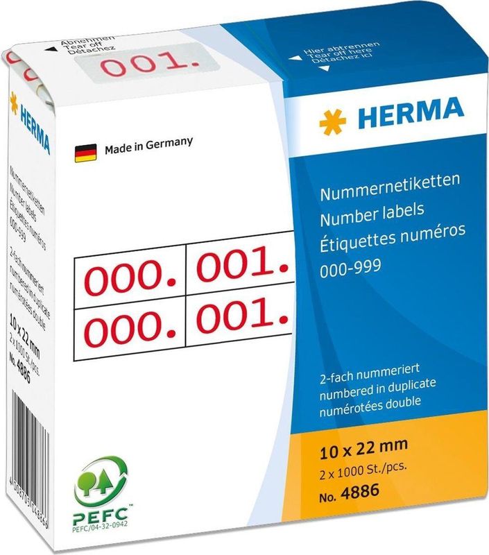 HERMA 4886 Nummerlabels - Cijfers 0-999 - 2000 Stuks - Zelfklevend - Wit/Rood