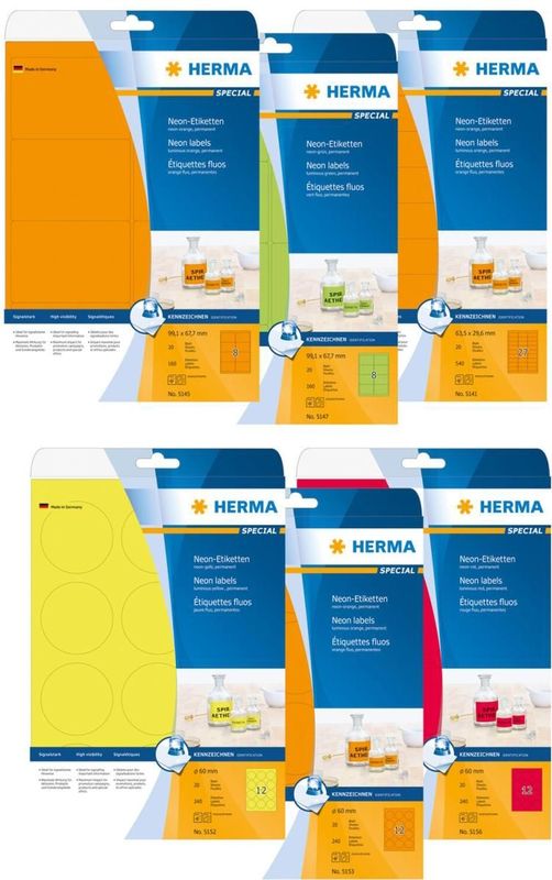 Herma - Neonetiketten - A4 - Neon-Rood - 63,5 x 29,6 mm, Permanent Hechtend