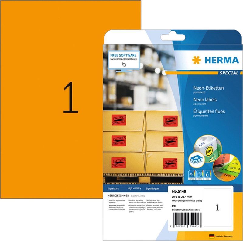HERMA - 5149 - Etiket - Fluor Oranje - A4 - 20 Stuks