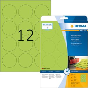 HERMA 5155 neonetiketten A4 (Ø 60 mm, 20 velles, papier, mat, rond) zelfklevend, bedrukbaar, permanente klevende gekleurde etiketten, 240 etiketten voor printer, neon groen