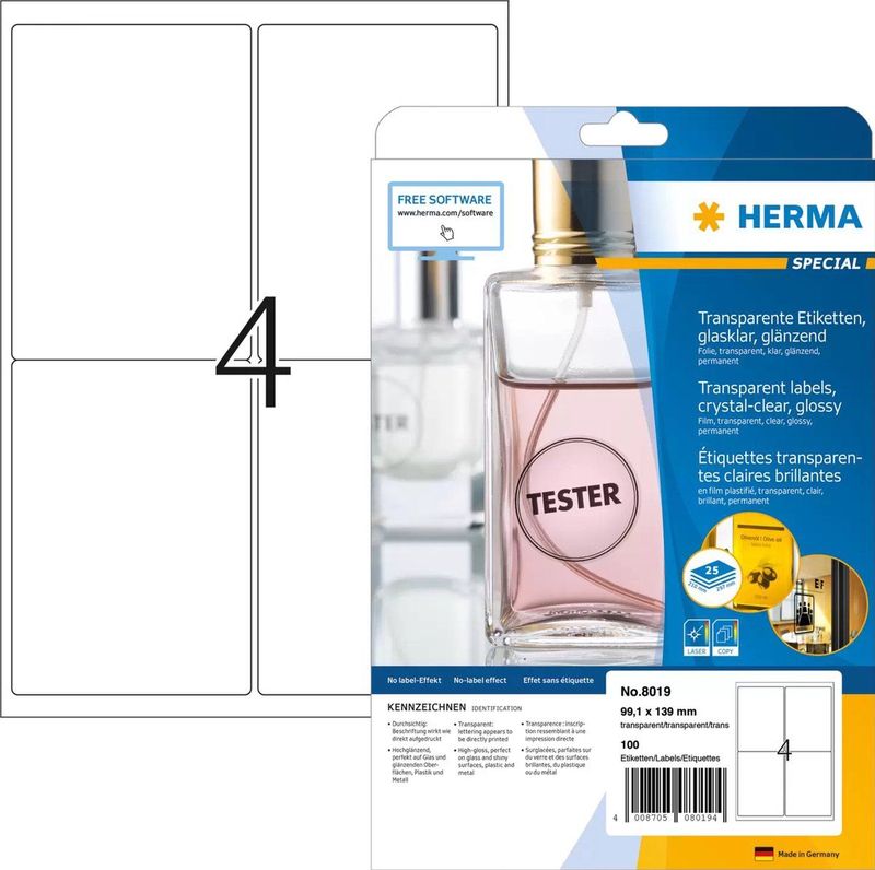 Herma - 8019 - Transparante Etiketten - A4 - Glashelder - 100 Stuks