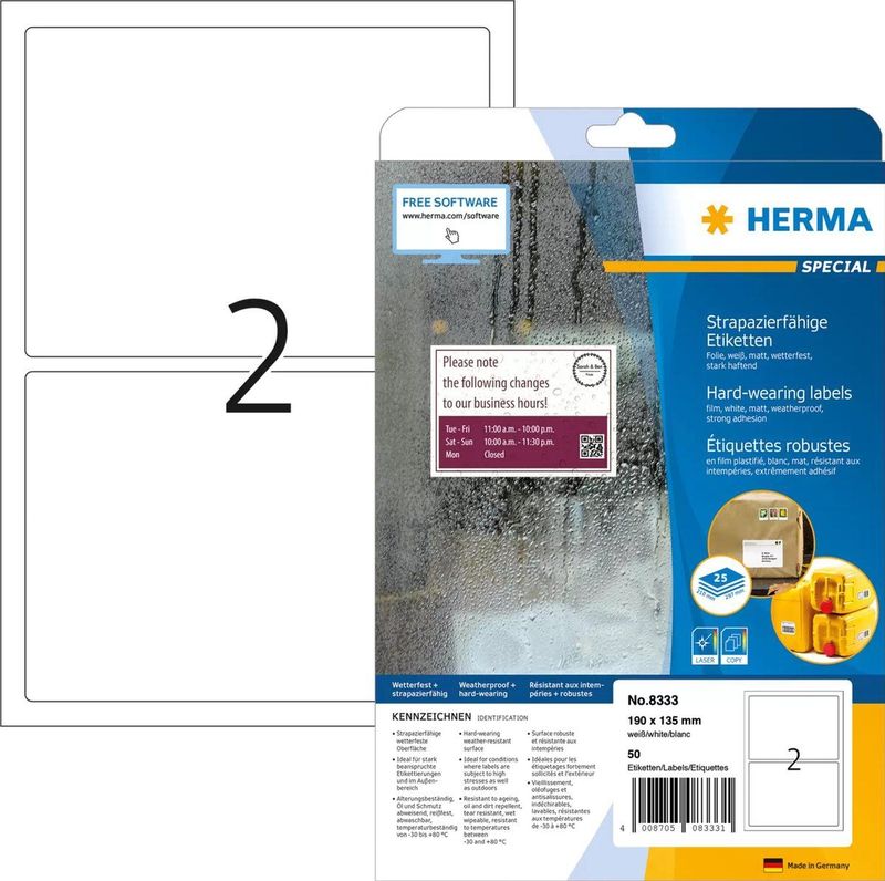 HERMA - 8333 - Etiketten - Wit - Polyesterfolie - 190x135mm - 50 Stuks