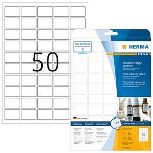 HERMA 8338 weerbest folielabels A4 (37 x 25 mm, 25 velles, polyesterfolie, mat) zelfklevend, bedrukbaar, extreme sterk klevende en duurzame etiketten, 1.250 etiketten voor printer, wit