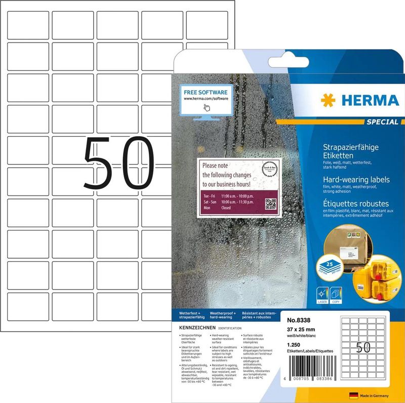 HERMA - 8338 - Etiketten - Wit - 1250 Stuks - Weerbestendig Polyesterfolie
