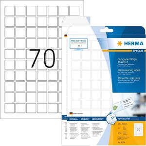 HERMA 8339 weerbest folielabels A4 (24 x 24 mm, 25 velles, polyesterfolie, mat) zelfklevend, bedrukbaar, extreme sterk klevende en duurzame etiketten, 1.750 etiketten voor printer, wit