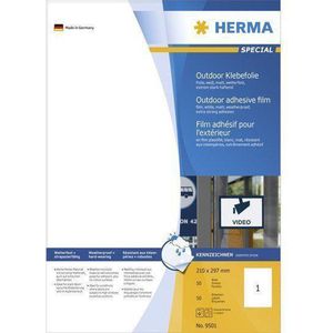 HERMA 9501 weerbest outdoor folielabels A4 (210 x 420 mm, 50 velles, polyethyleen, mat) zelfklevend, bedrukbaar, extreme sterk klevende etiketten, 50 etiketten voor printer, wit