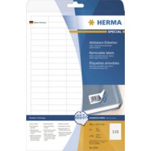 HERMA 10009 universele etiketten A4 afneembaar (88,9 x 33,8 mm, 25 vellen, papier, mat) zelfklevend, bedrukbaar, verwijderbaar en opnieuw klevende etiketten, 400 etiketten voor printer, wit