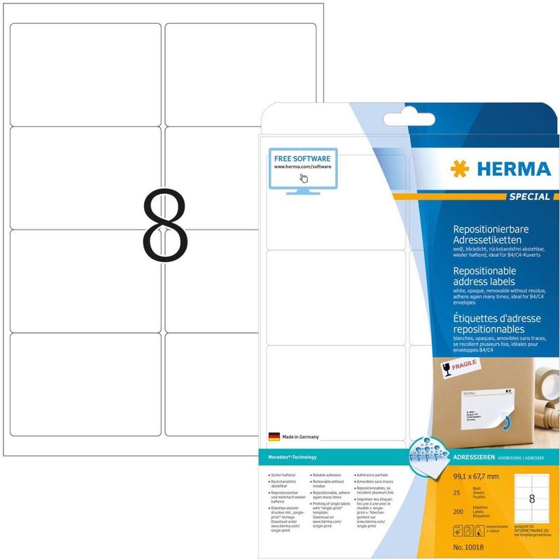 HERMA Etiketten weiß Movables/ablösbar 99,1x67,7mm Special A4 VE=200 S