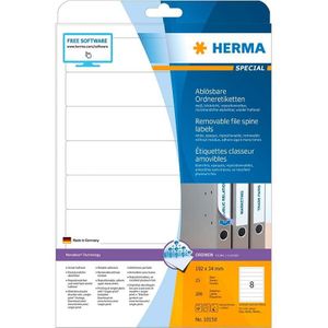 HERMA 10150 A4 afneembaar, cort/smal (192 x 34 mm, 25 vellen, papier, mat) zelfklevend, bedrukbaar, verwijderbaar en opnieuw klevende mapetikettes, 200 etiketten voor printer, wit